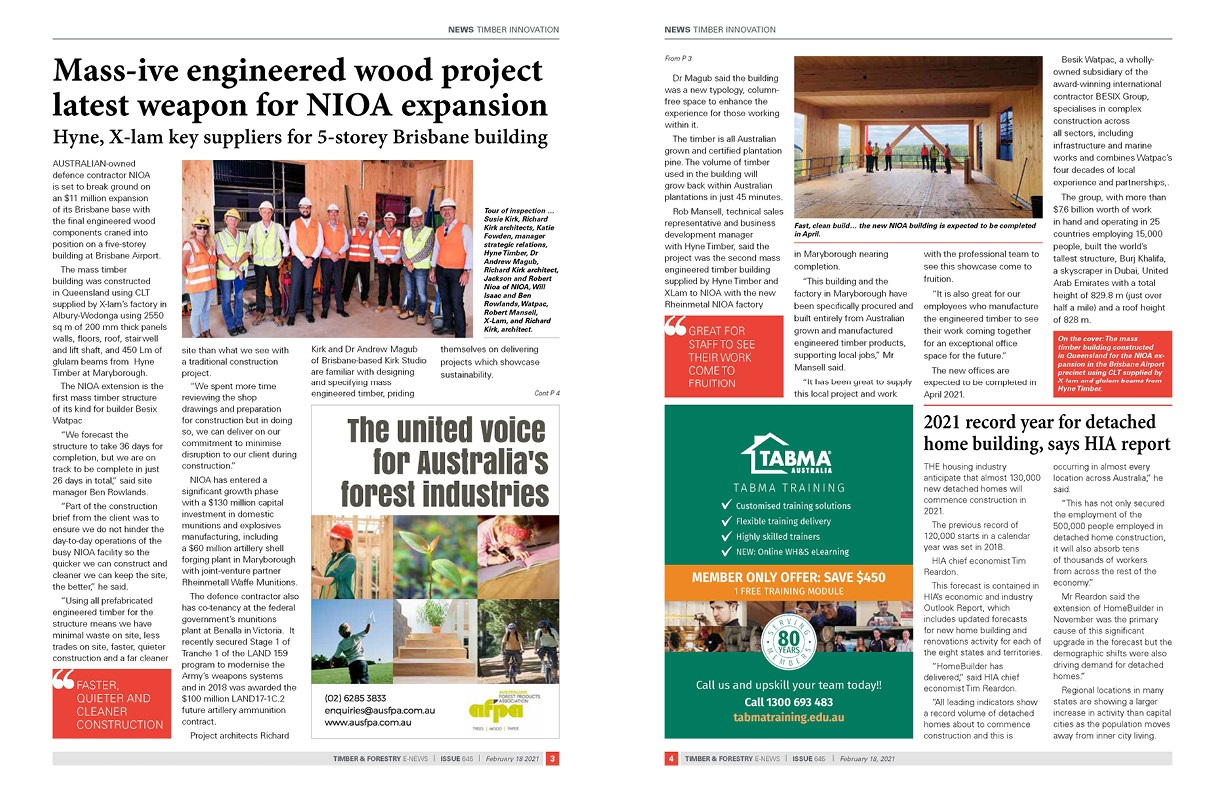 Timber & Forestry eNews - ' Mass-ive Project sets new pace for engineered wood " - 2 page Article Spread