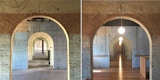 Side by side Interior image of Heritage Listed 11 Logan Road Commerical Architecture Building completed by KIRK, located in the Woolloongabba in Brisbane Australia. Both images are taken from the end of a long corridor, with a view through the fully connected open space. The view further showcases 4 large open brick archways which break the space into a defined series of bays.  The left image depicts the original interior, prior to renovations and repairs, of historic structure; with raw concrete floors and aging brick. The right images shows the same space, post restoration, which includes natural timber flooring.