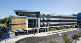 Drone Perspective Arial view of ABC headquarters building full side view.