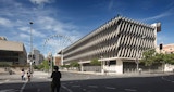 long perspective view of ABC headquarters commercial architecture building by KIRK studio. Street view with people at pedestrian crossing. 'Brisbane Eye' Ferris wheel can be seen in the distance.