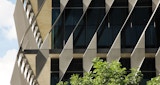 Commercial building close up of exterior metal cladding in a folded geometric pattern. Top of leafy green tree and blue sky and clouds in background.