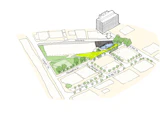 Hand-drawn architectural sketch by KIRK of the Brisbane Showgrounds Precinct. Sketch shows green spaces and basic building layout with access of colour.