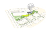 Hand-drawn architectural sketch by KIRK of the Brisbane Showgrounds Precinct. Sketch shows green spaces and basic building layout with access of colour.