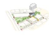 Hand-drawn architectural aerial concept site sketch in colour sketch by KIRK of Brisbane Showgrounds. Red arrow and dots indicating access routes throughout grounds.