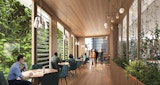 Architectural concept render of Brisbane Showgrounds precinct's internal concept for cafe and casual workspaces. People work throughout space with full timber lined interior. views to green wall on exterior of building.