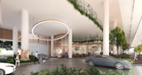 Conceptual Architectural render of external car access and entrance for proposed Brisbane Showgrounds Precinct. People and cars move through covered space. Access of white, timber and greenery throughout.