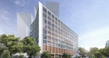 Concept computer generated architectural render of building exterior daytime street view of Brisbane Showgrounds Precinct. Accents of white and timber with large glass windows.