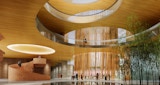 Architectural render of tianjin lake resort interior lobby with a congregation of people. 4 levels above can be glimpsed through grand circular openings centered above each other at each level above with timber coving the ceiling. Small circular pod with live bamboo accent lobby space. Circular terracotta colored stairwell leads to additional levels above.