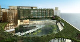 Aerial perspective architectural render of courtyard pond inside proposed Tinajin Lake resort. Overhanging green planted roof, resort building, and center pod courtyard with steppingstone paths in a modest zig zag pattern cutting directly through pond. People walking across steppingstones.