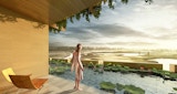 Daytime computer rendered patio of KIRK Studio design of Residential architecture building for the tianjin lake resort in Binahi China. Rendered barefoot blond woman stands facing sunset in pink dress behind edge of pool with Lilly pads. Stunning landscape covered in golden light from sunset.