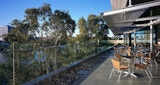 View from patio over glass balustrade to the Brisbane River, large paper bark trees and city beyond inside Cutting Edge Postproduction facility building. Architecture design by KIRK Studio. Covered balcony has small tables with groups of chairs.