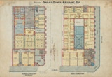 Side by side building floorplan sketches of The People's Palace in Brisbane Australia. Historic hand drawn sketches by Lieut. Colonel Saunders Architect rendered in red, blue, yellow, black and grey. 