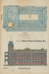 'Roof plan' and 'Ann Street elevation' hand drafted sketch titled "Proposed People's Palace, Brisbane, QLD". Roof plan is rendered in blue. Elevation is rendered in blue, red and tan with pen detailing.
