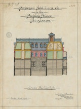 Colour evaluation drawing of Brisbane's People's Palace with title that says "Proposed additions etc. of the Poples Palace Brisbane." Document dated January 1912 and signed by architect Lieut. Colonel Saunders.