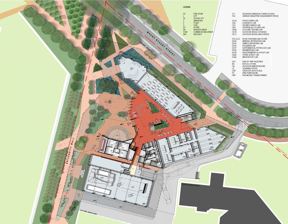 Site plan drawing, option 2, for James Cook University new Technology Innovation Complex, located in Townsville Queensland. - Architecture by KIRK Studio.