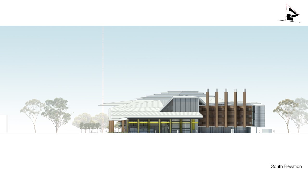 South elevation drawing for James Cook University new Technology Innovation Complex, located in Townsville Queensland. - Architecture by KIRK Studio.