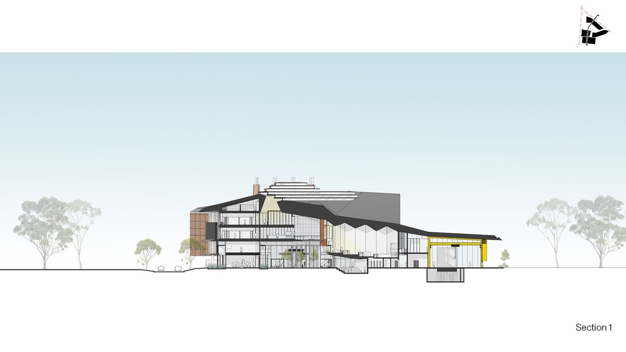 Section 1 drawing for James Cook University new Technology Innovation Complex, located in Townsville Queensland. - Architecture by KIRK Studio.