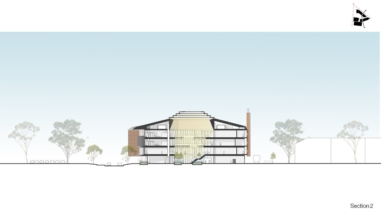 Section drawing 2 for James Cook University new Technology Innovation Complex, located in Townsville Queensland. - Architecture by KIRK Studio.
