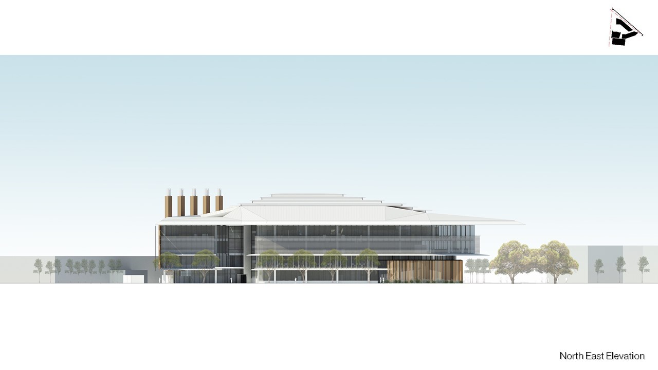 Northeast elevation for James Cook University new Technology Innovation Complex, located in Townsville Queensland. - Architecture by KIRK Studio.