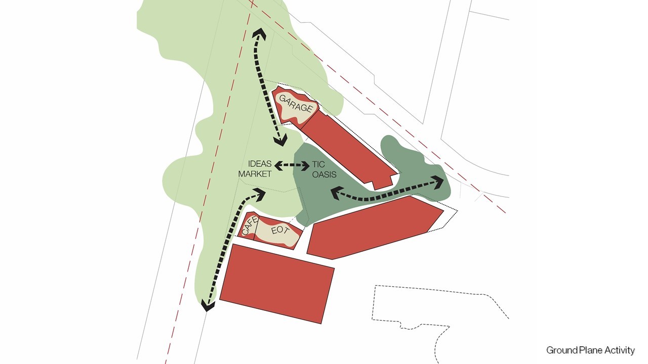 Architectural ground plane activity plan diagramfor James Cook University new Technology Innovation Complex, located in Townsville Queensland. - Architecture by KIRK Studio.