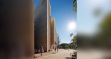 Ground perspective view outside the 'Learning Innovation Building' on the University of Queensland Campus. Architectural design by KIRK Studio.