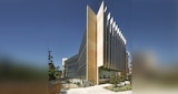 Corner perspective of the Learning innovation building on the University of Queensland Campus. Architectural design by KIRK Studio.