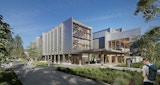Concept architectural render of building B & C for the UniSC Moreton Bay Campus, designed by KIRK Studio. 