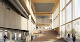 Concept interior architecture render of timber seated rise inside UniSc concept building, designed by KIRK Studio.