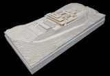 Side aerial perspective view of 3D architectural model and topography of KIRK studio architects design for the Courtyard House.