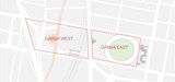 A diagram showing the plan location of the Gabba West and Gabba East sites. Gabba west is located on the place directly west of the existing Gabba site.