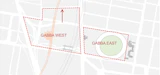 Diagram showing both Gabba East and Gabba west sites. Dashed lines indicated where the site could be expanded to (implied) fit the footprint of the 60,000 seat stadium.