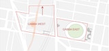 Diagram showing both Gabba East and Gabba west sites. Dashed lines indicated where the site could be expanded to (implied) fit the footprint of the 60,000 seat stadium.