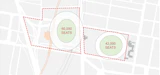 Diagram showing the 42,000 seat existing Gabba stadium in linework with the proposed Gabba West Stadium shown in the same way on the western site. Key transport networks are shown dashed underneath.