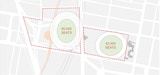 Diagram showing the 42,000 seat existing Gabba stadium in linework with the proposed Gabba West Stadium shown in the same way on the western site. Key transport networks are shown dashed underneath.